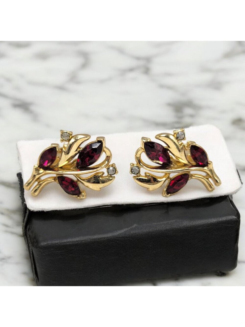 Vintage Trifari Floral Clip-On Earrings With Red Rhinestones & Gold-Tone Finish